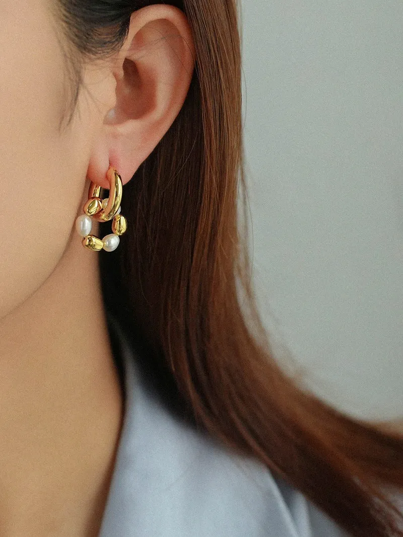 Gold Bean Hoops Pearl Earring Gold Vermeil