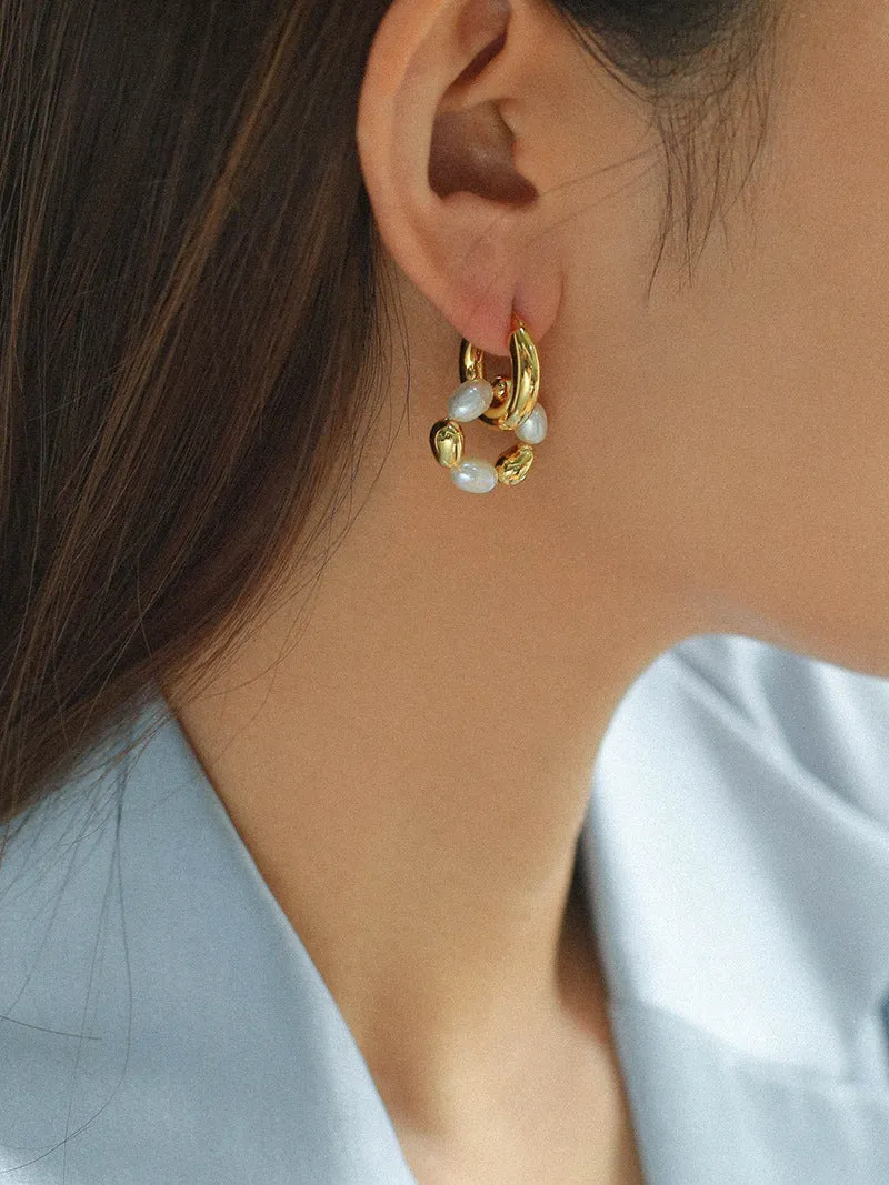 Gold Bean Hoops Pearl Earring Gold Vermeil