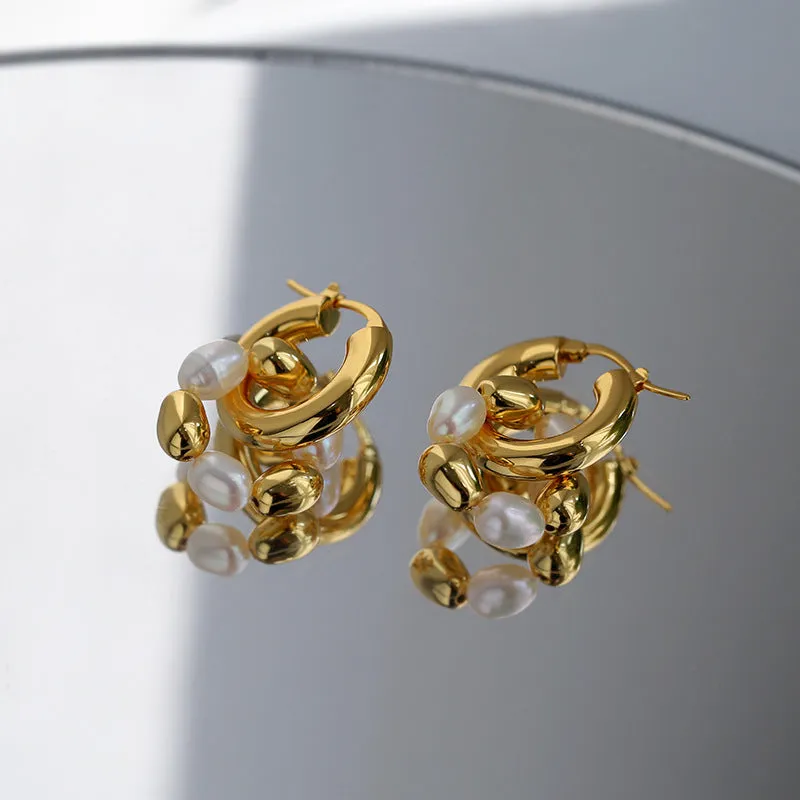 Gold Bean Hoops Pearl Earring Gold Vermeil