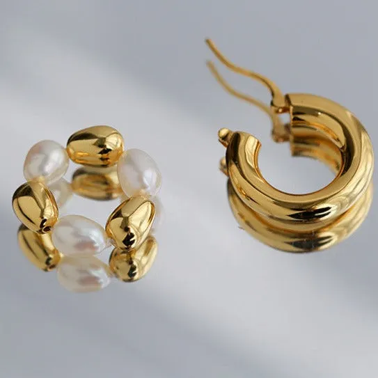 Gold Bean Hoops Pearl Earring Gold Vermeil