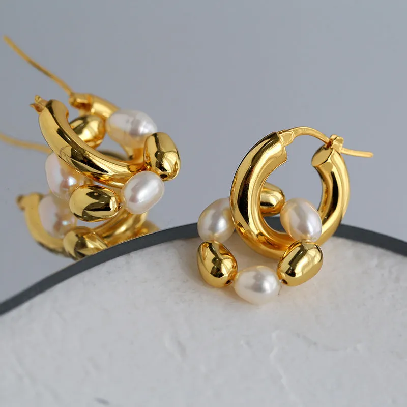 Gold Bean Hoops Pearl Earring Gold Vermeil