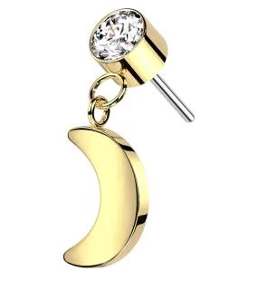 Gold PVD Clear CZ Dangle Crescent Moon Titanium Threadless Top