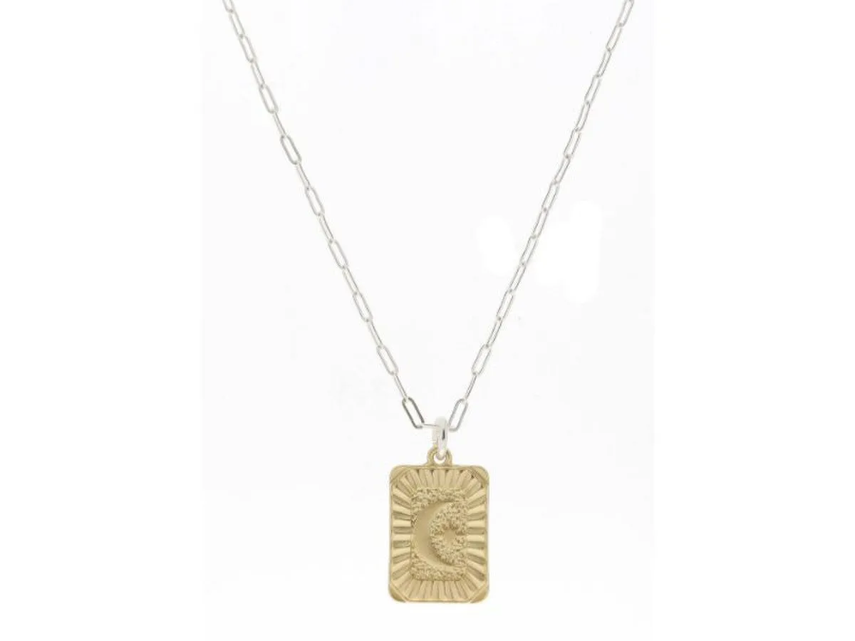 Gold Textured Hexagon with Crescent Moon with Star Center Necklace