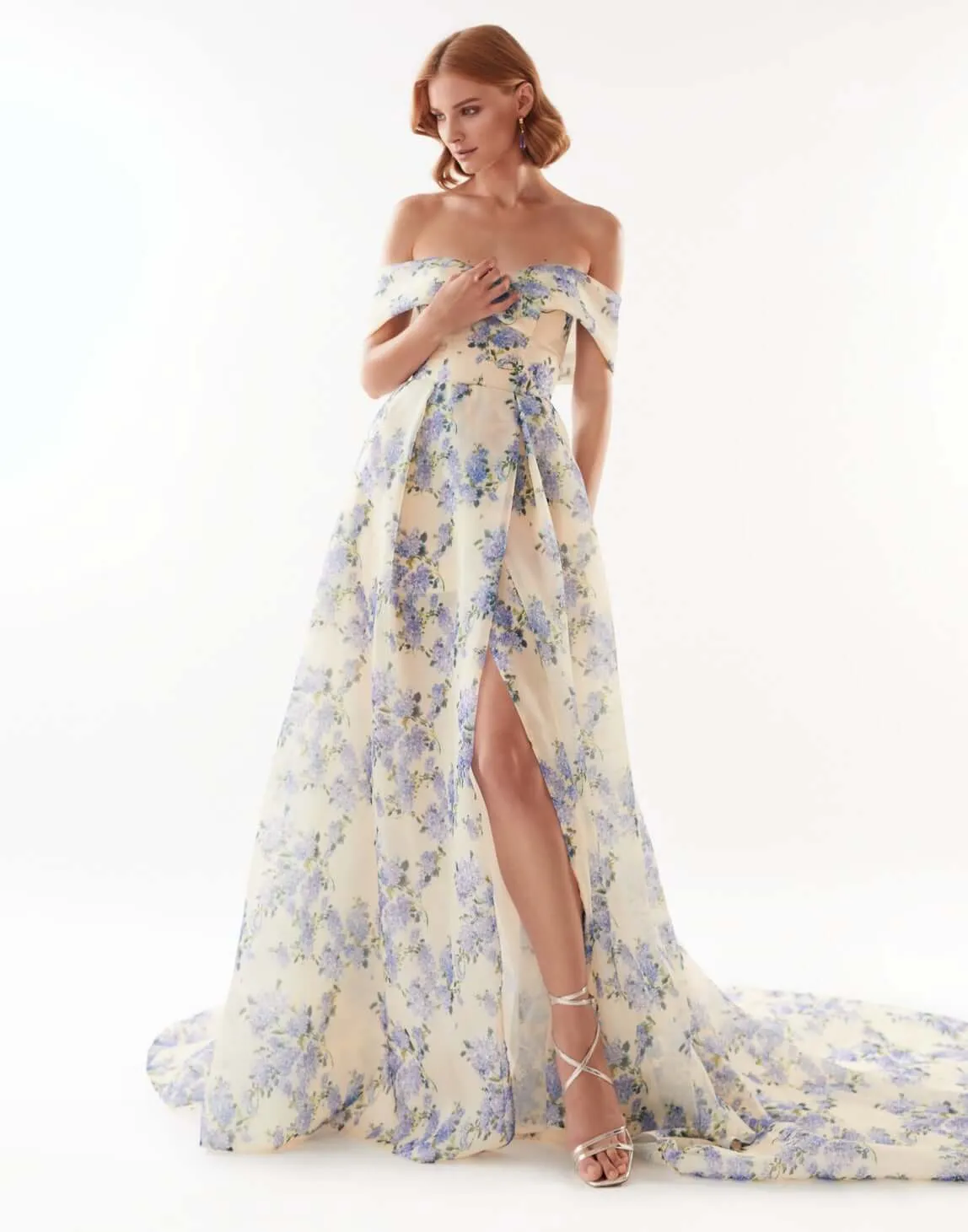 Hydrangea Chic off-the-shoulder floral maxi dress