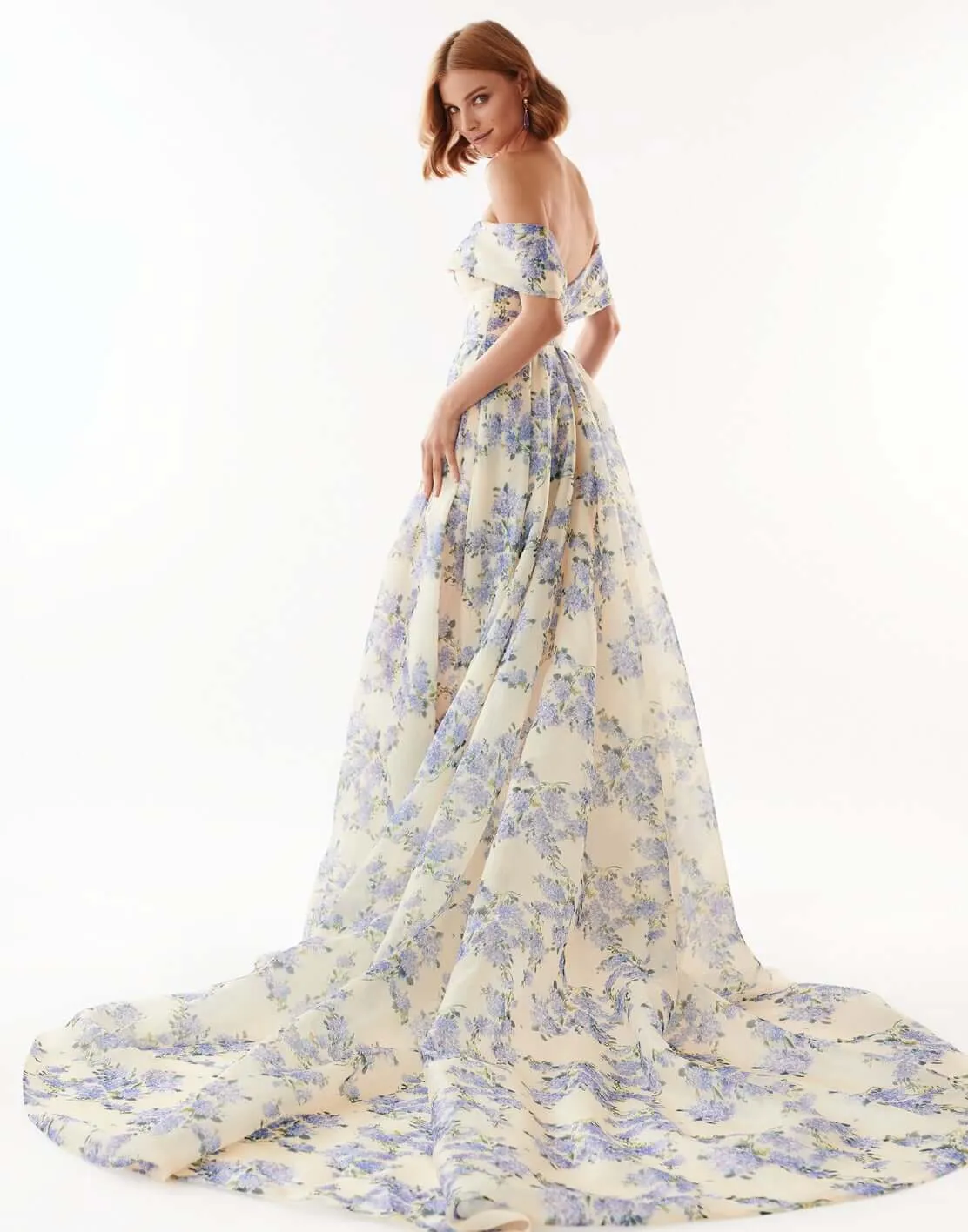 Hydrangea Chic off-the-shoulder floral maxi dress