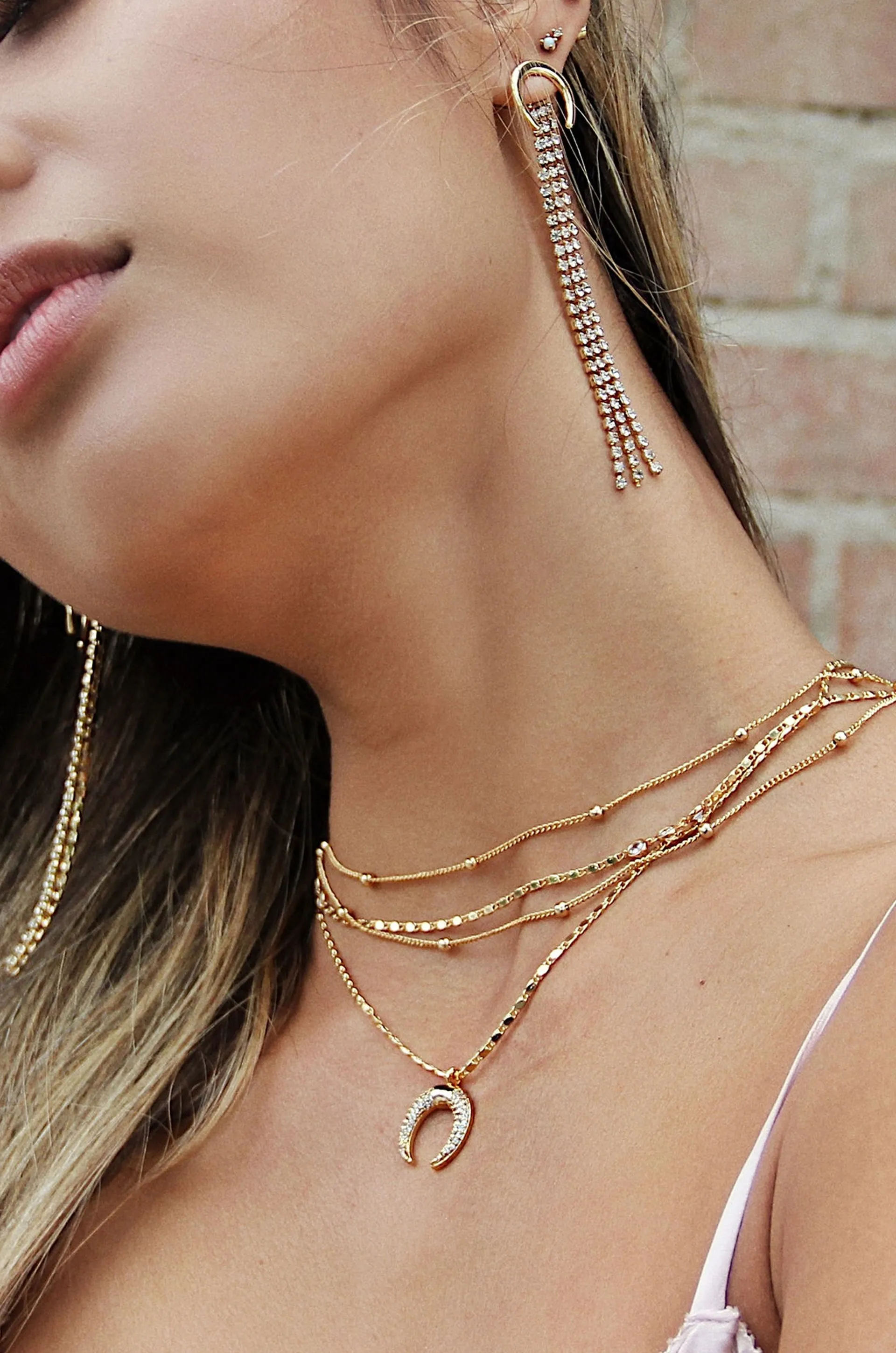 Layered Gold Chain & Crescent Horn Necklace