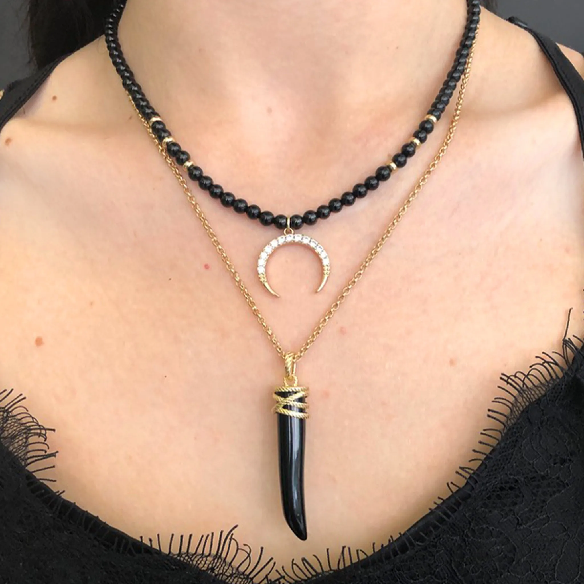 Obsidian Necklace with Crescent Moon Pendant