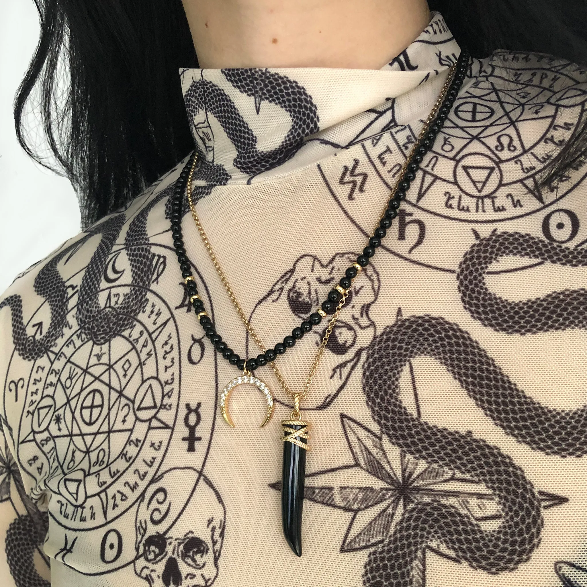 Obsidian Necklace with Crescent Moon Pendant