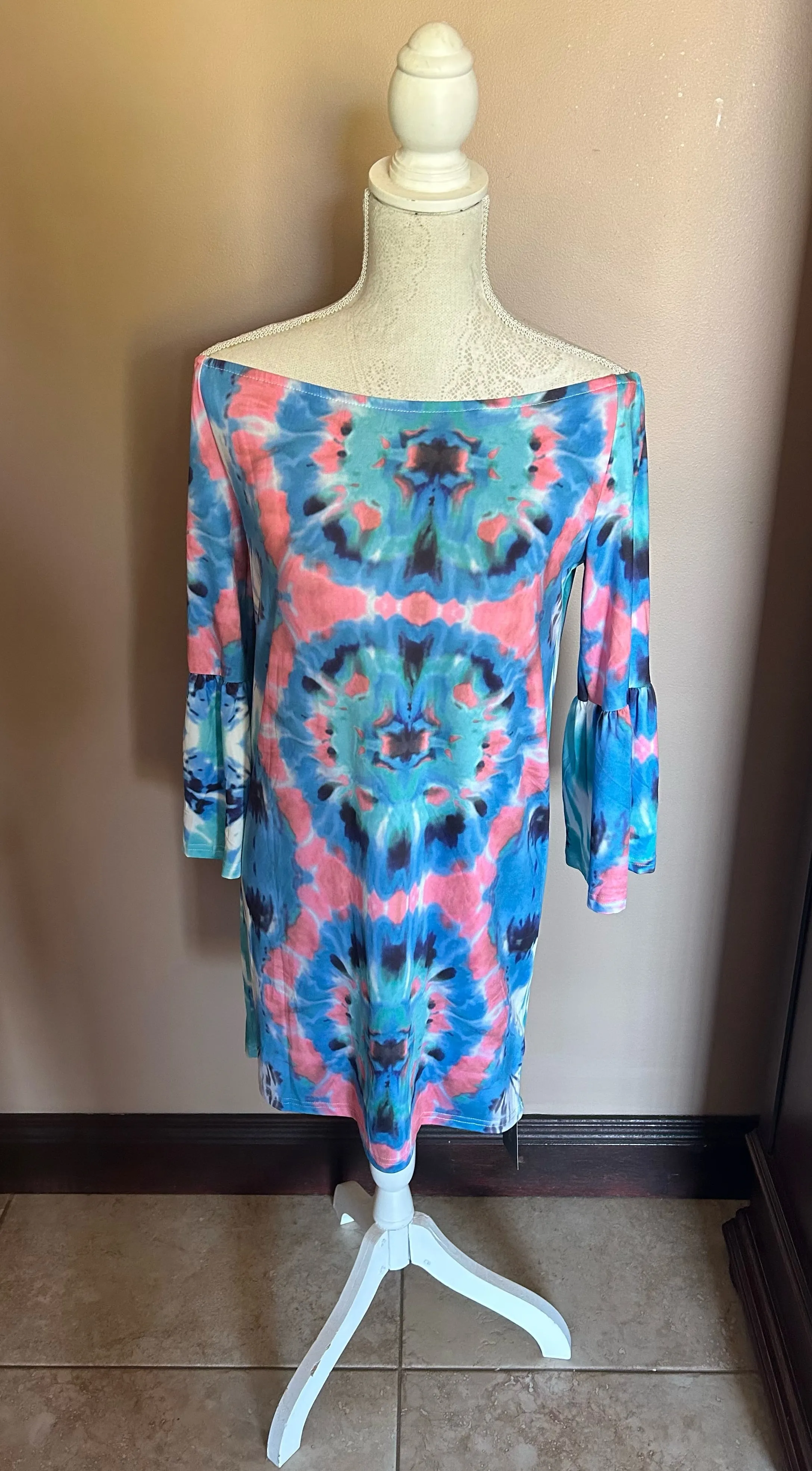 Off the shoulder dress with sleeves - Multi-color Tie Dye