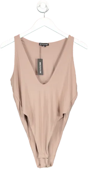 PrettyLittleThing Brown Slinky Plunge Bodysuit In Light Taupe UK 12