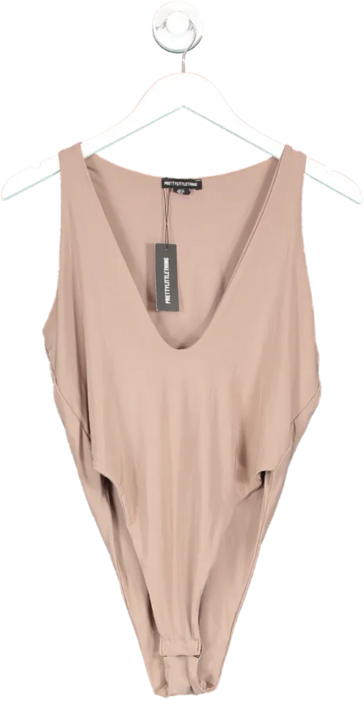 PrettyLittleThing Brown Slinky Plunge Bodysuit In Light Taupe UK 12