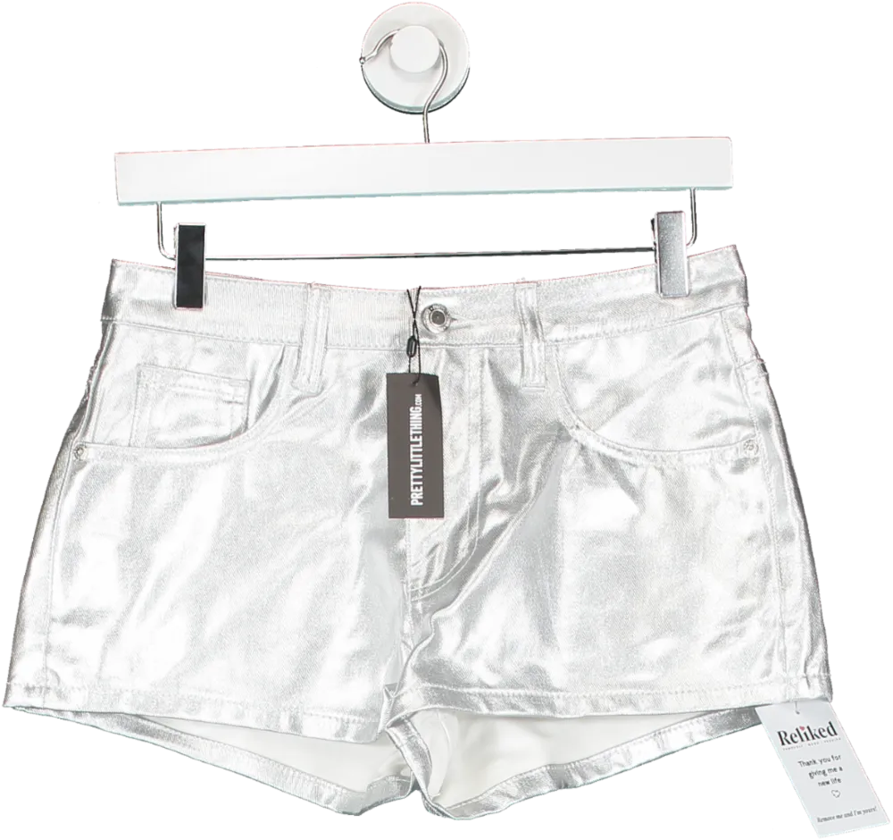 PrettyLittleThing Petite Silver Metallic Coated Denim Shorts UK 6