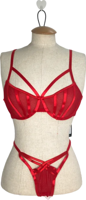 PrettyLittleThing Red Lurex Glitter Mesh Lingerie Set UK S