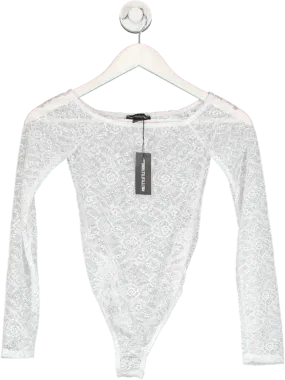 PrettyLittleThing White Lace Bardot Long Sleeve Bodysuit UK 8