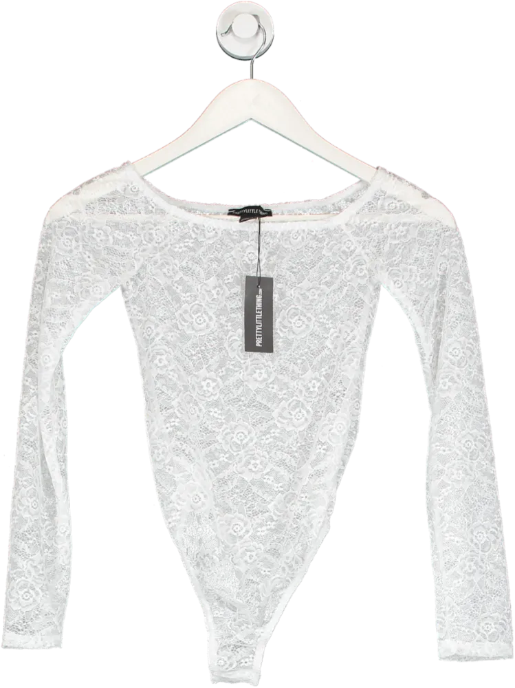 PrettyLittleThing White Lace Bardot Long Sleeve Bodysuit UK 8