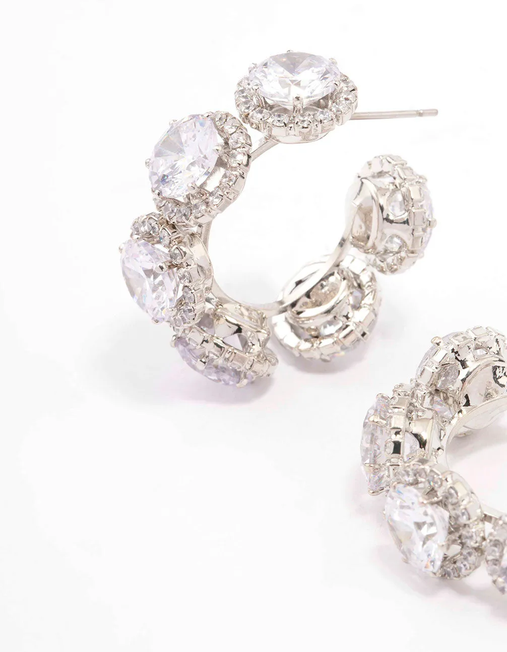 Rhodium Round Cubic Zirconia Small Hoop Earrings