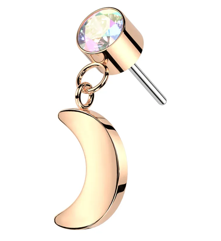 Rose Gold PVD Rainbow Aurora CZ Dangle Crescent Moon Titanium Threadless Top