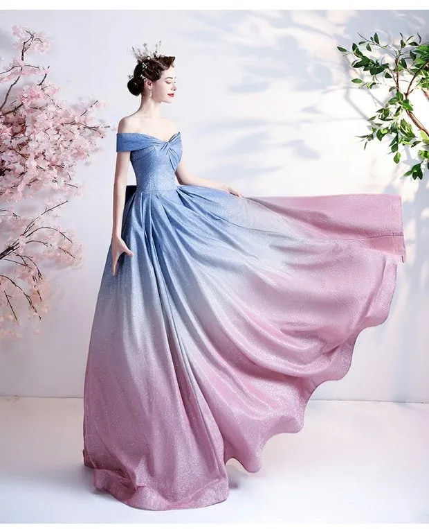 The Kyria Off Shoulder Blue Pink Ombre Gown