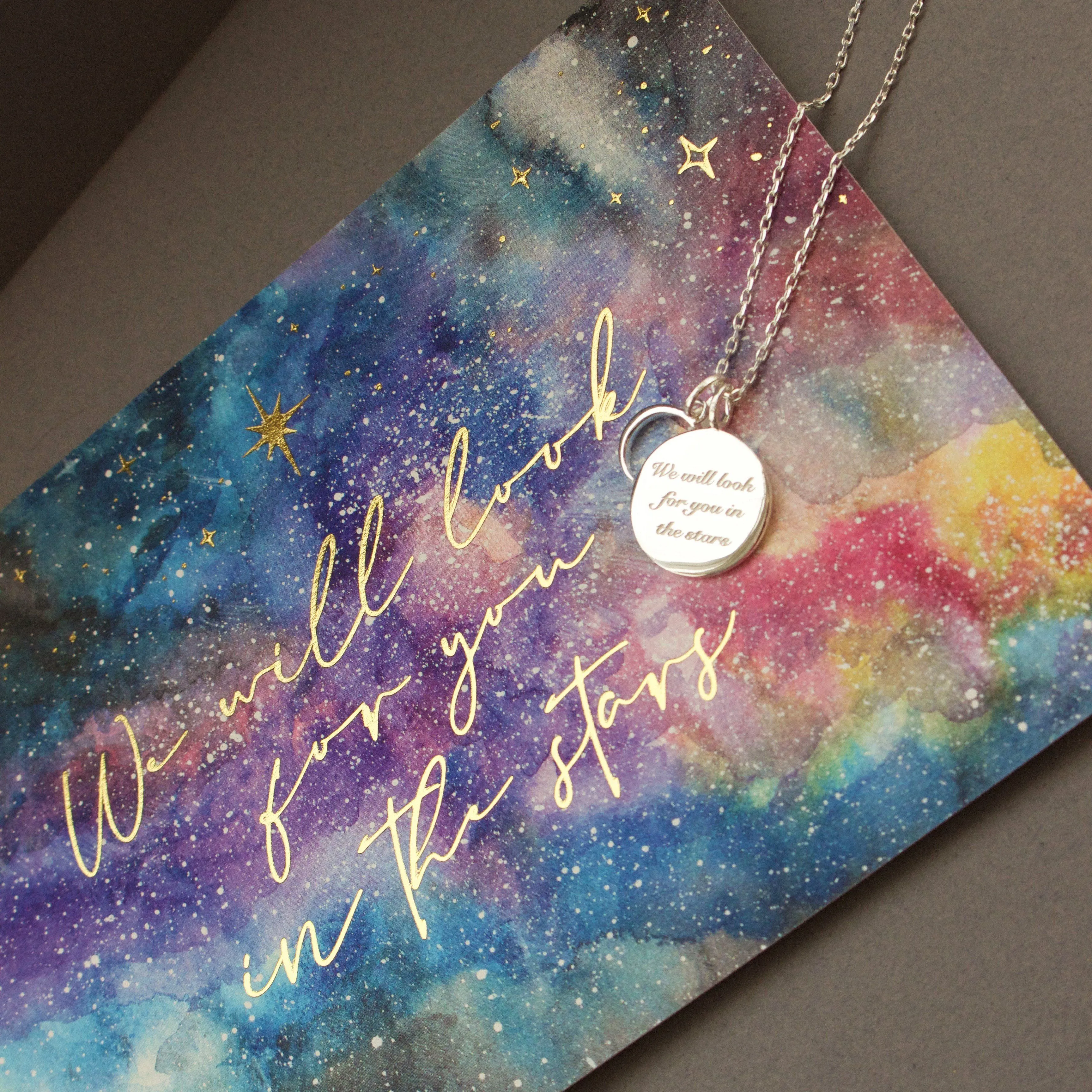 We will look for you in the stars Coin Necklace with Crescent Moon Charm