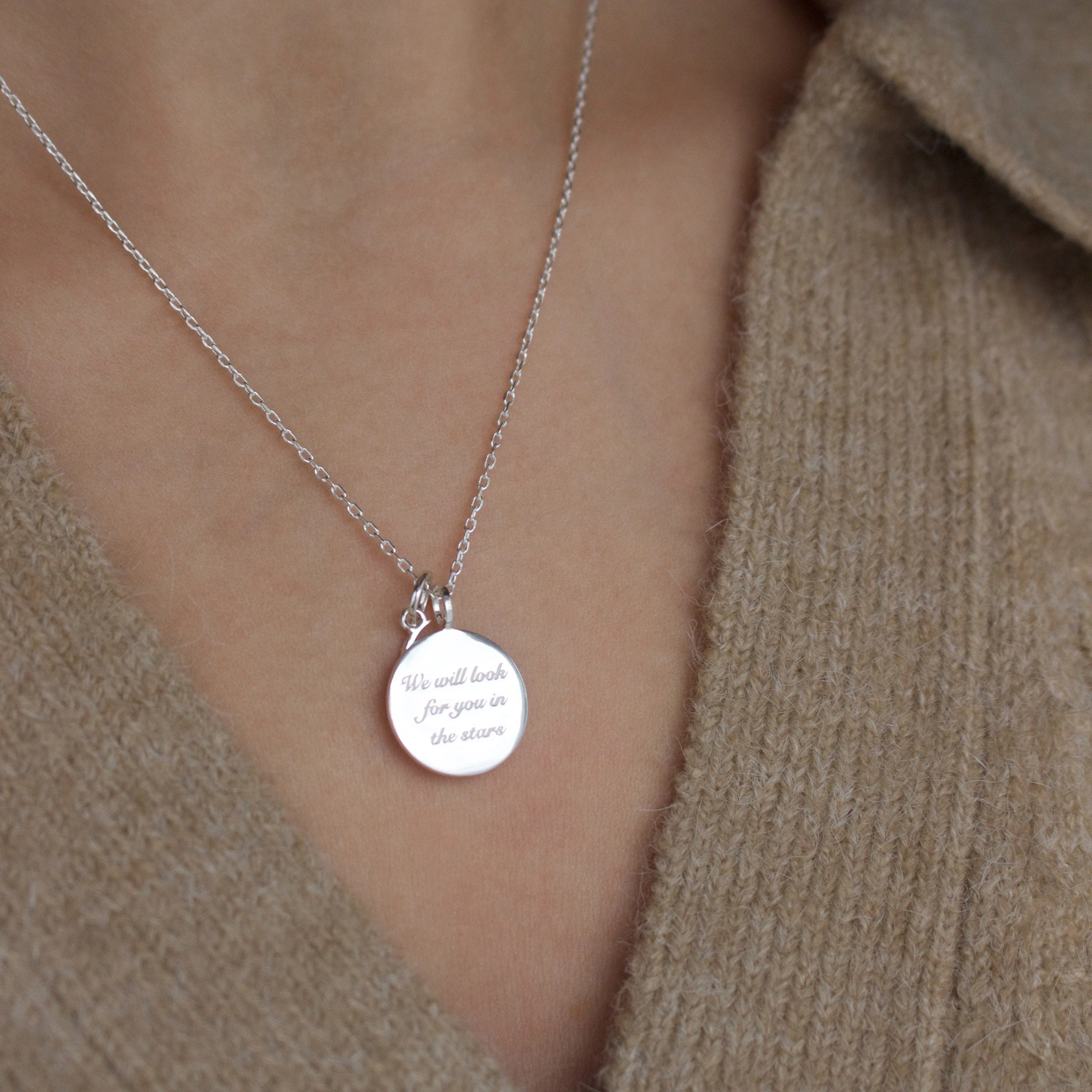 We will look for you in the stars Coin Necklace with Crescent Moon Charm