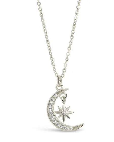 Women's Fashion CZ Crescent Moon Starburst Pendant Necklace