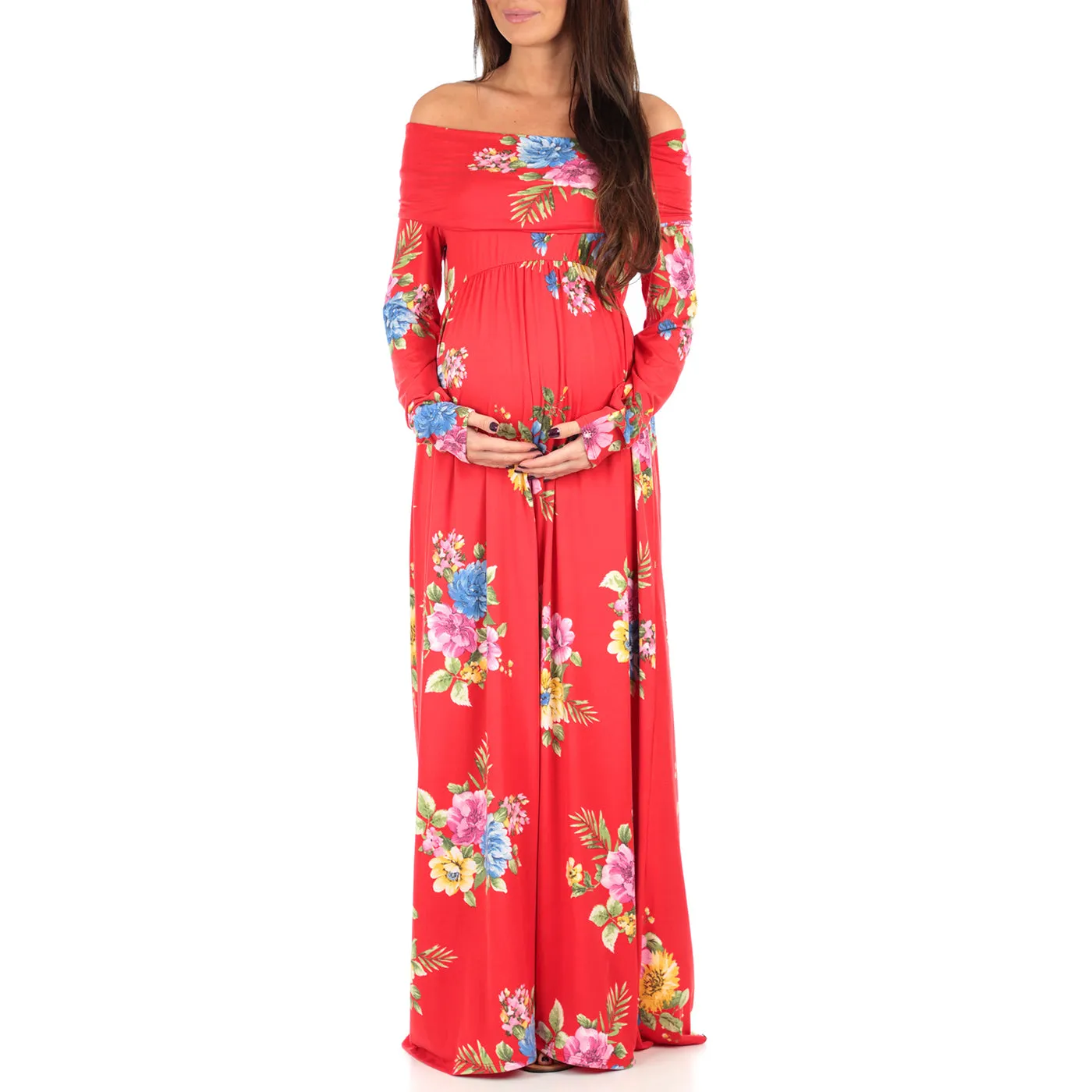 Women's Floral Over The Shoulder Ruched Maternity Dress