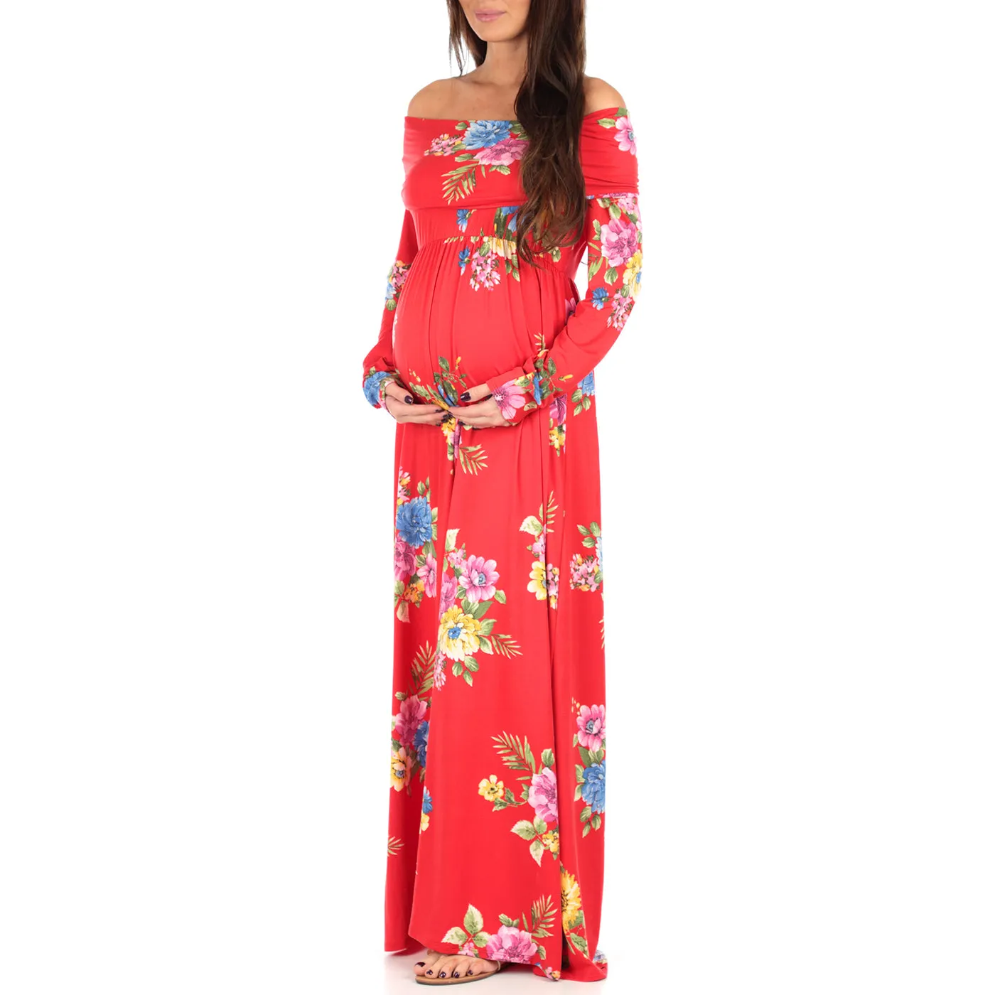 Women's Floral Over The Shoulder Ruched Maternity Dress